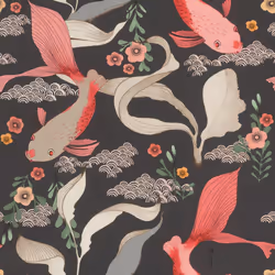 Rasch Amazing  Wallpaper with Koi Carp in Rose Plants in Green Black