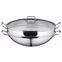 WMF Wok-set 2-pieces Macao uncoated 36cm Party pouring rim stainless steel handle Cromargan stainless steel suitable for ind ...