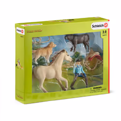 Schleich Western Playset - Cowgirl Figurine with Horse  Cow  Dog and Rodeo Accessories  Realistic Farm Animal Toys  6-Piece Set for Kids