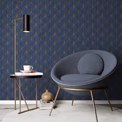 Erismann Blue Art Deco Avant Garde Wallpaper Gold Geometric Fan Feature Wall