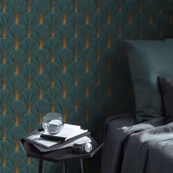 Erismann Green Art Deco Avant Garde Wallpaper Gold Geometric Fan Feature Wall