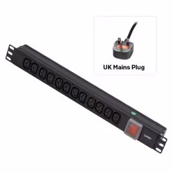 Lindy 1U 12 Way IEC Sockets, Horizontal PDU with UK Mains Plug, 1U, Three-phase, Horizontal, Black, 12 AC outlet(s), Power
