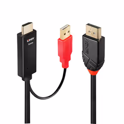 Lindy 2m HDMI to DisplayPort Adapter Cable, 2 m, HDMI + USB, DisplayPort, Male, Male, Straight