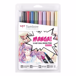 Tombow ABT-10C-MANGA2, Fine/Medium, 10 colours, Black, Blue, Green, Grey, Orange, Pink, Yellow, Bullet tip & Brush tip, Multi ...