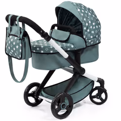 Bayer Design Dolls: Pram Xeo: Stars Green & White - Matching Handbag Adjustable Handle for Dolls Up to 20"" Ages 3+