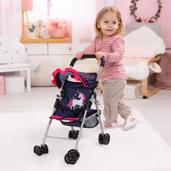 Bayer Design Dolls: Buggy Stroller - Blue  Pink Hearts  Unicorn - Accessory for Dolls Up to 18""""  Sun Canopy  Foldable  Seat Belt  Kids Toy  Ages 3+
