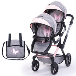 Bayer Design Dolls: Xeo Twin Pram - Butterfly Grey & Pink - Matching Handbag  Adjustable Handle  for Dolls Up to 20""""