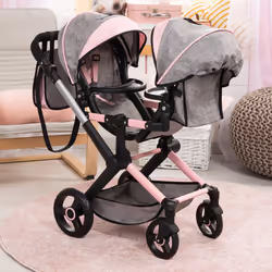 Bayer Design Dolls: Xeo Twin Pram - Butterfly Grey & Pink - Matching Handbag  Adjustable Handle  for Dolls Up to 20""""