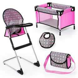 Bayer Doll High Chair/Crib Set  Grey  Pink with Dots