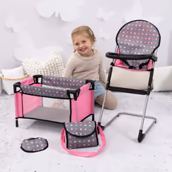 Bayer Doll High Chair/Crib Set  Grey  Pink with Dots