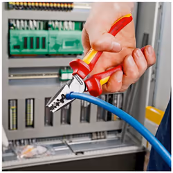 Crimping Pliers for wire ferrules insulated with multi-component grips, VDE-tested with integrated tether attachment point for a tool tether 180 mm