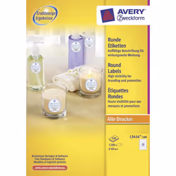 Avery Round labels, round, white, All printer types, permanent, Ø 60 mm, White, Self-adhesive printer label, A4, Paper, Laser ...