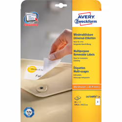 Avery White Multipurpose Labels, Removable, White, Self-adhesive printer label, A4, Paper, Laser/Inkjet, Removable