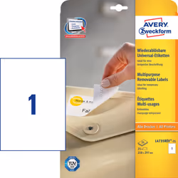 Avery Removable Labels, 210 x 297 mm, White, Self-adhesive printer label, A4, Paper, Laser/Inkjet, Removable