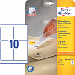 Avery White Multipurpose Labels, Removable, White, Self-adhesive printer label, A4, Paper, Laser/Inkjet, Removable