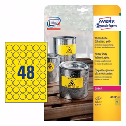 Avery L6128-20, Yellow, Circle, Permanent, White on transparent, DIN A4, Polyester