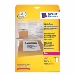 Avery L7996-25, White, Polyester, Laser, 199.6 x 143.5 mm, 50 pc(s)