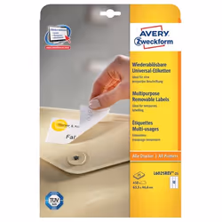 Avery White Multipurpose Labels, Removable, White, Self-adhesive printer label, A4, Paper, Laser/Inkjet, Removable