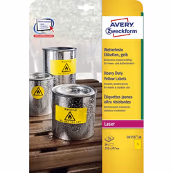 Avery Yellow Heavy Duty Laser Labels, 210 x 297 mm, Yellow, Self-adhesive printer label, A4, Polyester, Laser, Rectangle