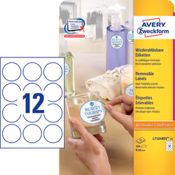 Avery L7104REV-25, White, Circle, Permanent, 12 pc(s), 25 sheets, 6 cm