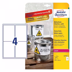 Avery L4774-8, White, Self-adhesive printer label, A4, Polyester, Laser, Permanent