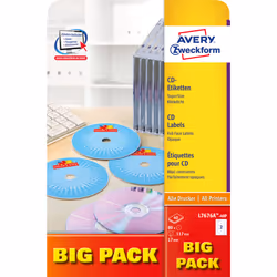 Avery CD/DVD Labels, White, A4, Paper, Laser/Inkjet, Permanent, FSC Mix Credit