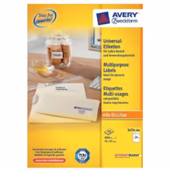 Avery 3474-200, White, Paper, 200 sheets, 70 mm, 37 mm, Box