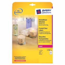 Avery L7780-25. Product colour: Transparent. Material: Polyester. Print technology: Laser. Label size: 40 x 40 mm. Labels per ...