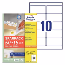 Avery L4744REV-65, White, Self-adhesive printer label, A4, Paper, Laser/Inkjet, Removable