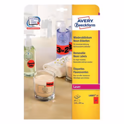 Avery L6005-25, Red, Rounded rectangle, Removable, A4, Paper, Universal