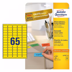Avery L4793-20, Yellow, Self-adhesive printer label, A4, Paper, Laser/Inkjet, Removable