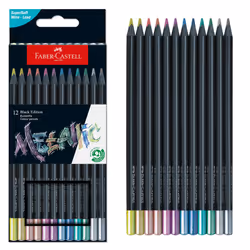 Faber-Castell Black Edition Metallic Colored Pencils: 12 Count, Black Wood and Super Soft Core Lead Colored Pencil Set, Metal ...