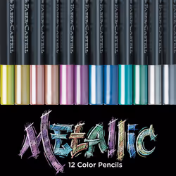 Faber-Castell Black Edition Metallic Colored Pencils: 12 Count, Black Wood and Super Soft Core Lead Colored Pencil Set, Metallic Colored Pencils,