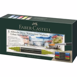 Faber-Castell Watercolor Markers - Urban Sketching Wallet of 5, 5 pc(s), Blue, Brown, Green, Light Blue, Red, Brush tip, Blac ...