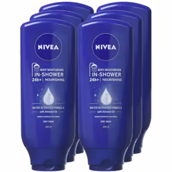 NIVEA In-Shower Body Moisturiser Nourishing for Dry Skin Pack of 6 (6 x 250ml), Body Moisturiser for Use in the Shower, Moisturiser for Women with