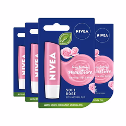 NIVEA Lip Balm Soft Rosé Pack of 4 (4 x 4.8g), Protective Lip Moisturiser with Natural Oils Enriched with Rose Extract, Cari ...