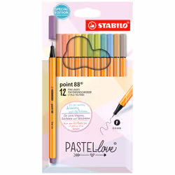 STABILO point 88, Fine, 12 colours, Beige, Blue, Green, Light Green, Orange, Pastel, Peach, Violet, Yellow, Metal, 0.4 mm, Mu ...