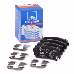 Brake pad set; ATE; with acoustic wear warning with accessories; for KIA, HYUNDAI; 583021KA30, 58302B2A50, 58302D7A00, 58302J ...