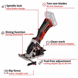 Einhell Cordless Mini Circular Saw 89mm 18V Power X-Change TE-CS 18/89 BODY ONLY