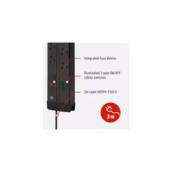 Premium-Duo-Line Extension Lead / 12 Way Plug Power Strip (2 switches, 3m cable, Safety Fuse Button)