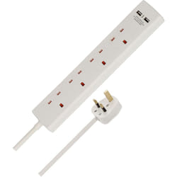 4-Way Extension Lead with USB slots (2m cable, Power Strip with 90 angle of sockets)