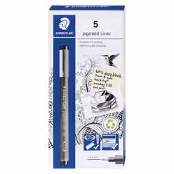 STAEDTLER Pigment Liner Fineliner Pen for Drawing Drafting Journaling 0.5mm Black Box of 5 Pens 308 05-9M