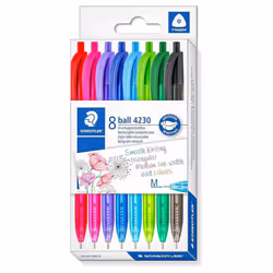 Box of 8 retractable ballpoint pens in assorted colours