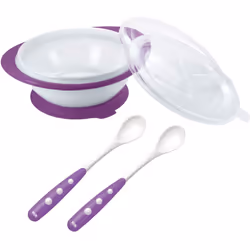 NUK Learn to Eat Set | Trainer Cup Sippy Cup (230 ml) | Feeding Bowl and Feeding Spoons | 6+ Months | BPA-Free | Purple | 4 Count