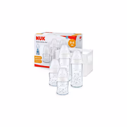 NUK First Choice+ Glass Baby Bottles Starter Set | 0-6 Months | 4 x Temperature Control Bottles & Bottle Crate | Anti Colic V ...