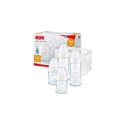 NUK First Choice+ Glass Baby Bottles Starter Set | 0-6 Months | 4 x Temperature Control Bottles & Bottle Crate | Anti Colic Vent | BPA-Free