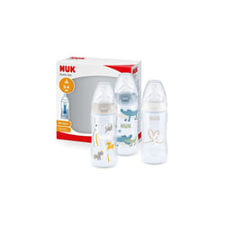 NUK First Choice+ Baby Bottles Set | 0-6 Months | Temperature Control | Anti Colic Vent | 300 ml | BPA-Free | Silicone Teat | 3 Count | Safari