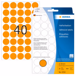 HERMA Multi-purpose labels/colour dots Ø 19 mm round luminous orange paper matt backing perforated 960 pcs, Orange, Circle, C ...