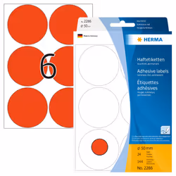 HERMA Multi-purpose labels/colour dots Ø 50 mm round luminous red paper matt hand inscription 144 pcs., Red, Circle, Cellulos ...