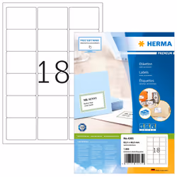 HERMA Address labels Premium A4 63.5x46.6 mm white paper matt 1800 pcs., White, Self-adhesive printer label, A4, Paper, Laser ...
